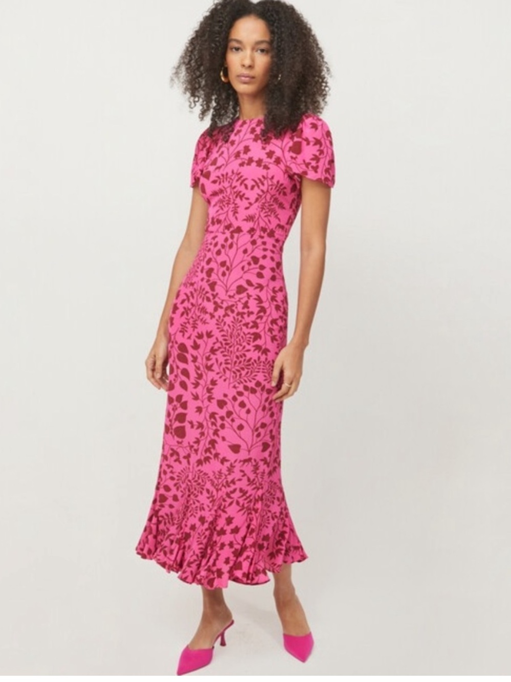 RHODE Lulani Dress in Caledonia Magic Ruffle Sleeve Fitted Viscose Floral Dress